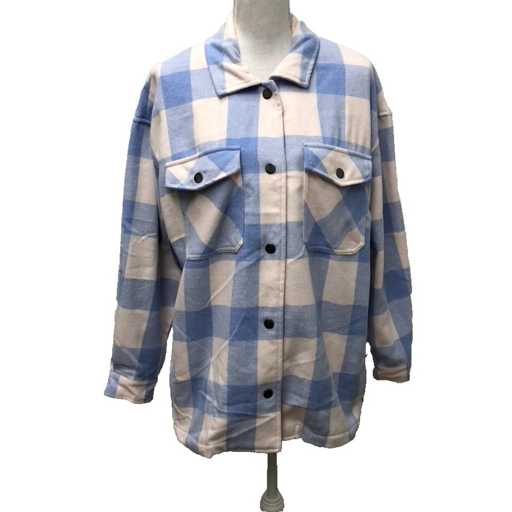HFX Shirt Jacket Shacket Womens Medium Blue Button Plaid Cabin Cottage Warm Cozy